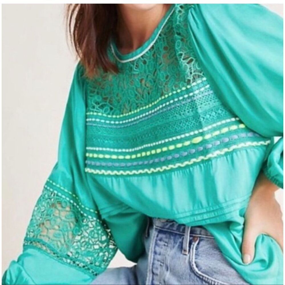 Anthropologie Bl^nk London green lace and embroidered blouse size XS